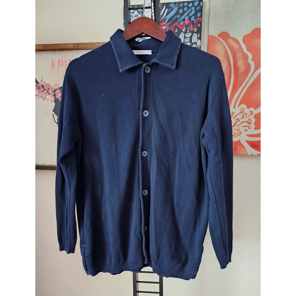 Joan Vass USA Navy Blue 100% Cotton Collared Button Front Cardigan Sweater Sz 2